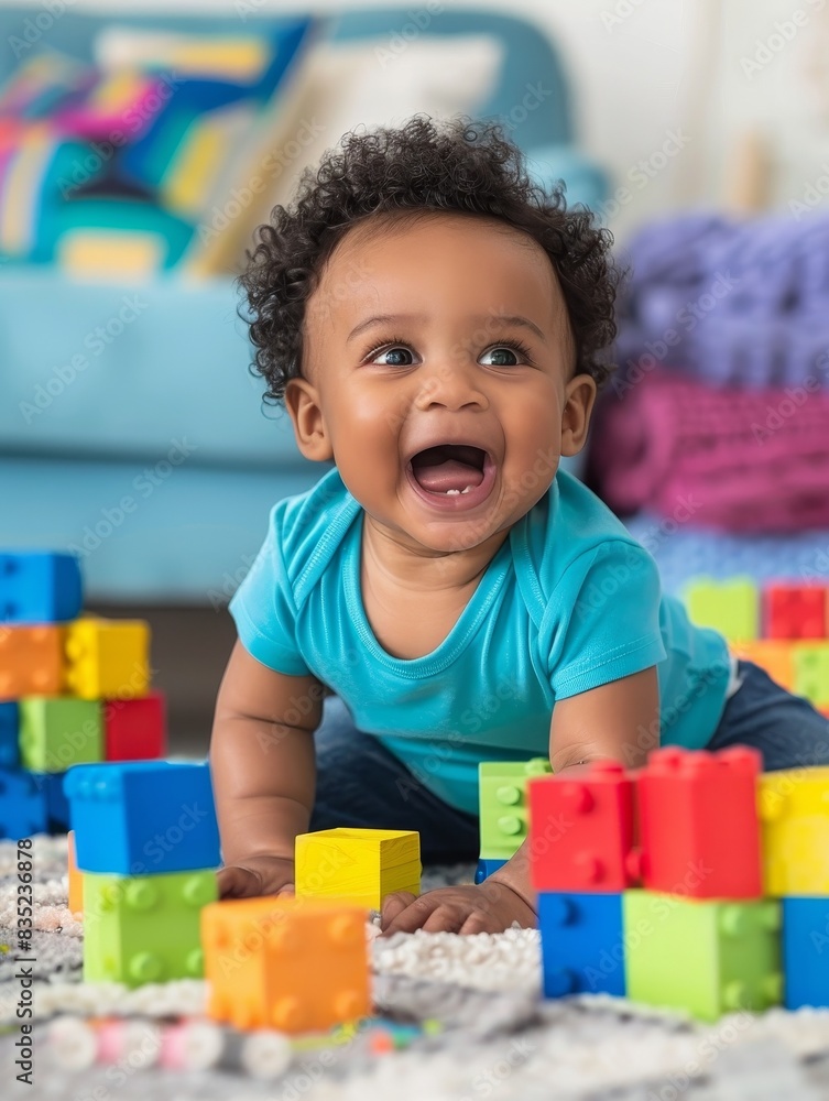 Happy Baby Playing with Colorful Blocks in Cheerful Playroom with Copy Space. Happy Baby Playing with Colorful Blocks in Cheerful Playroom with Copy Space.