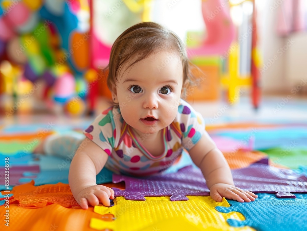 Bright and Playful: Happy Infant Crawling in Colorful Playroom with Copy Space on the Side Bright and Playful: Happy Infant Crawling in Colorful Playroom with Copy Space on the Side