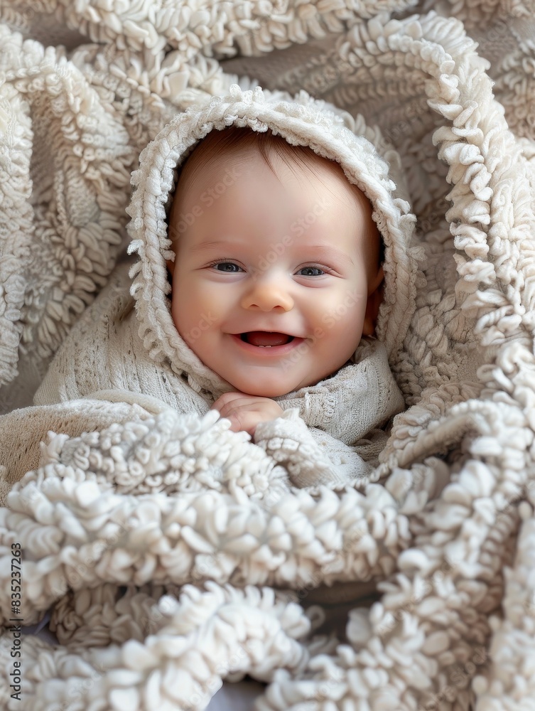 Happy Baby Wrapped in Warm Blanket with Copy Space Below Happy Baby Wrapped in Warm Blanket with Copy Space Below