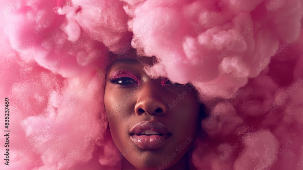 Close-up portrait of a woman with pink cotton candy hair