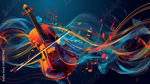 An illustration of a violin with a bow. The violin is orange and the background is dark blue with colorful abstract waves. photo