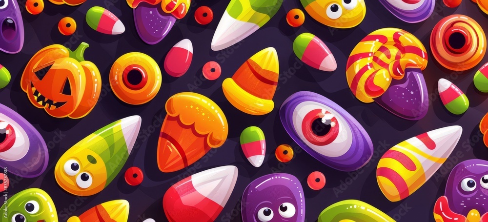 Halloween candy, eyes and mouth on the cover, simple flat cartoon style, colorful candy pattern Halloween candy, eyes and mouth on the cover, simple flat cartoon style, colorful candy pattern