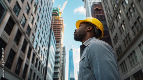 Um homem usando um capacete amarelo está olhando para o horizonte de uma cidade photo