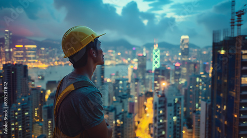 Um homem usando um capacete amarelo está olhando para o horizonte de uma cidade photo