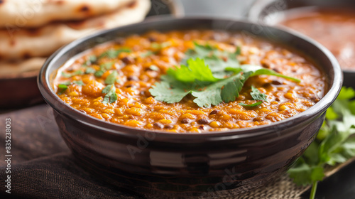 Tigela fumegante de dal tadka, um reconfortante curry indiano de lentilhas, servido com pão roti e guarnecido com coentro photo