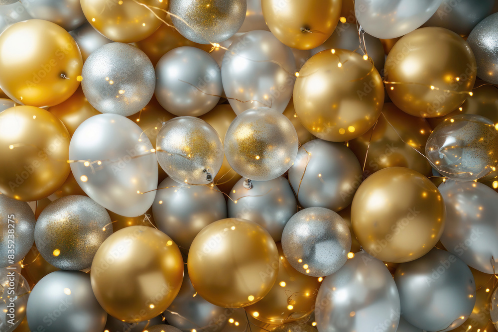 Festive Balloon Backdrop in Gold and Silver for New Year Message Festive Balloon Backdrop in Gold and Silver for New Year Message