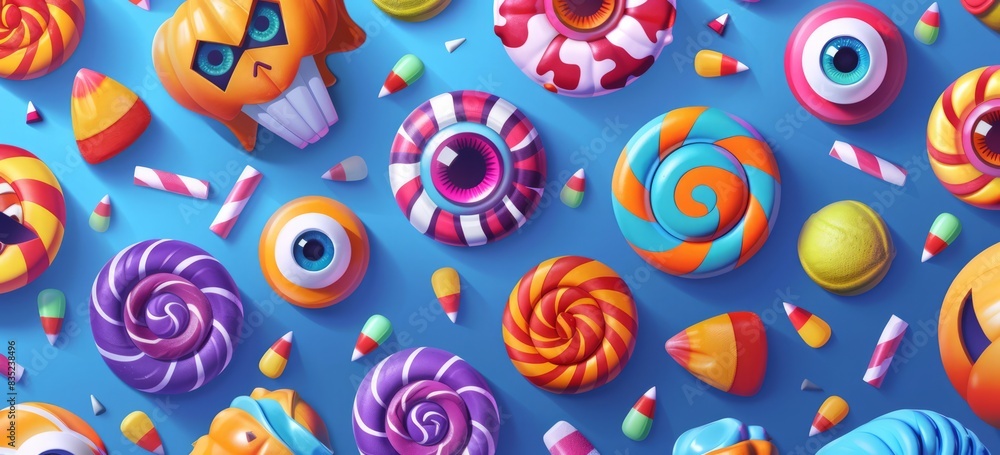 Halloween candy, eyes and mouth on the cover, simple flat cartoon style, colorful candy pattern Halloween candy, eyes and mouth on the cover, simple flat cartoon style, colorful candy pattern