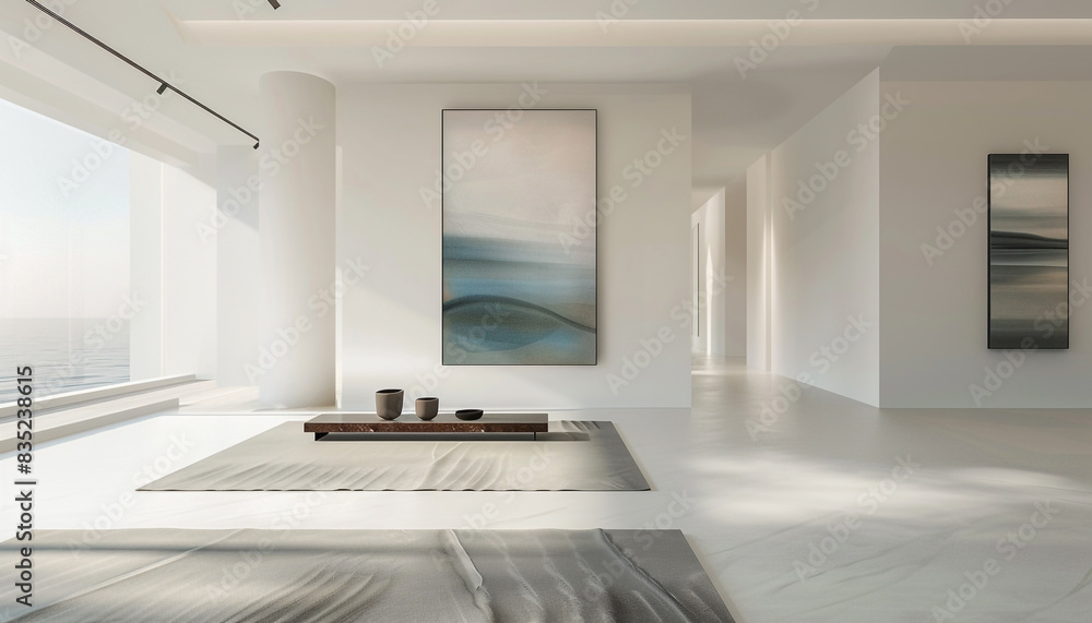 A serene gallery with a focus on abstract art and clean lines, creating a tranquil and minimalist environment. A serene gallery with a focus on abstract art and clean lines, creating a tranquil and minimalist environment.