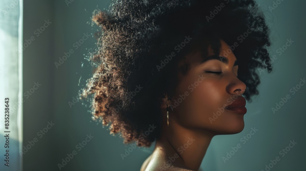 A woman with an afro hairstyle gazes out a window A woman with an afro hairstyle gazes out a window