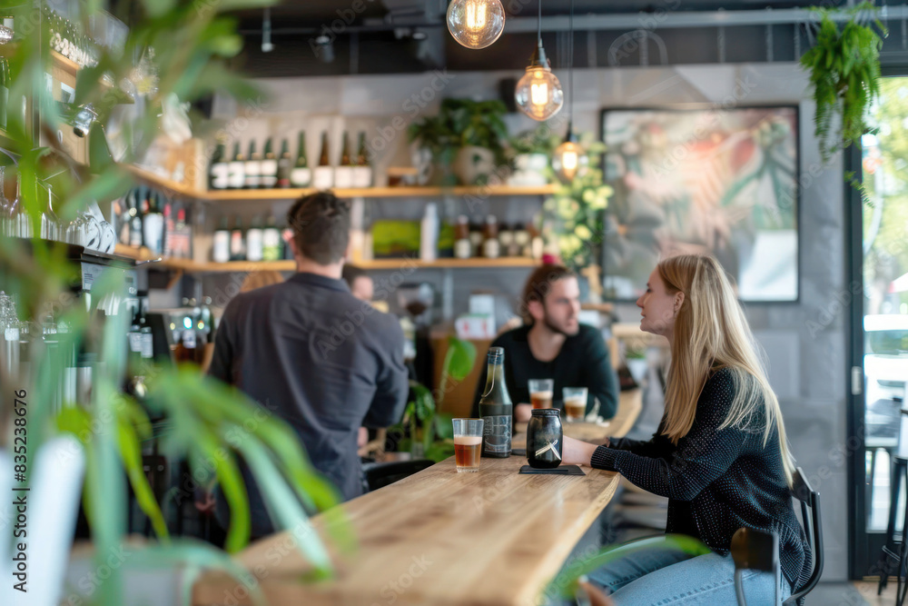 Naklejka premium Stylish Urban Cafe Serving CBD-Infused Beverages with Modern Decor