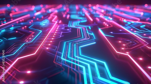 An abstract image of a circuit board with glowing pink and blue lines. The background is dark, with a few bright spots of light.