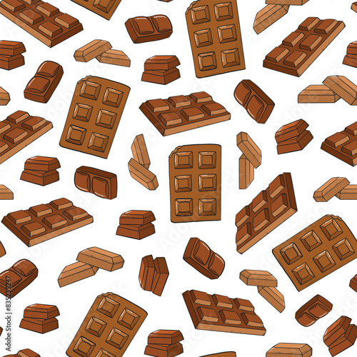 chocolate seamless pattern with doodles of chocolate bars and pieces on white background for wallpaper, textile prints, wrapping paper, scrapbooking, etc. EPS 10