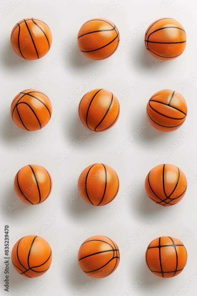 A collection of basketballs placed on a white background, ideal for sports-related designs and concepts