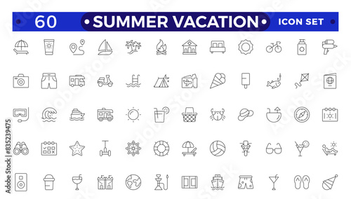 summer vacations icon set. Vector thin line illustrations with objects, activities and places related with traveling, tourism, outdoors in the beach and mountain, camping, resorts and hotels.