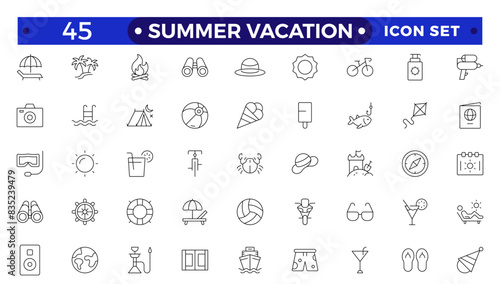 summer vacations icon set. Vector thin line illustrations with objects, activities and places related with traveling, tourism, outdoors in the beach and mountain, camping, resorts and hotels.