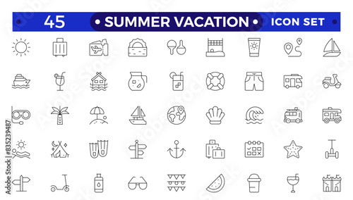 summer vacations icon set. Vector thin line illustrations with objects, activities and places related with traveling, tourism, outdoors in the beach and mountain, camping, resorts and hotels.
