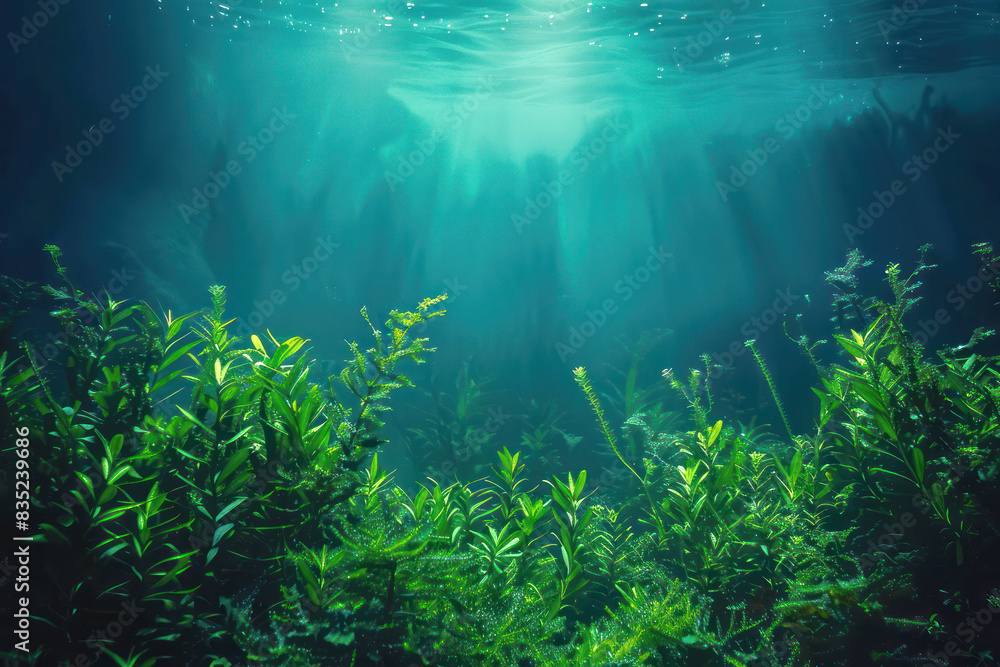Mysterious Underwater Seascape with Algae and Marine Life in Deep Greens, Text-Ready Center Mysterious Underwater Seascape with Algae and Marine Life in Deep Greens, Text-Ready Center
