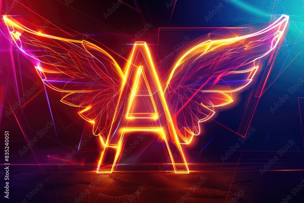 A bright neon sign with a large wing graphic, suitable for use in sci-fi or futuristic contexts A bright neon sign with a large wing graphic, suitable for use in sci-fi or futuristic contexts