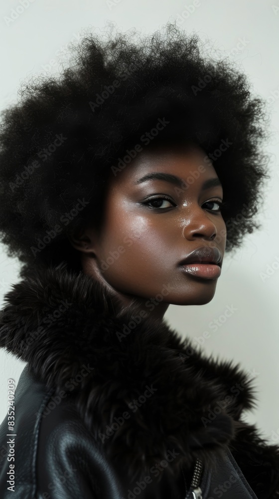 A captivating portrait of a black woman with an afro, wearing a fur-collared leather jacket A captivating portrait of a black woman with an afro, wearing a fur-collared leather jacket
