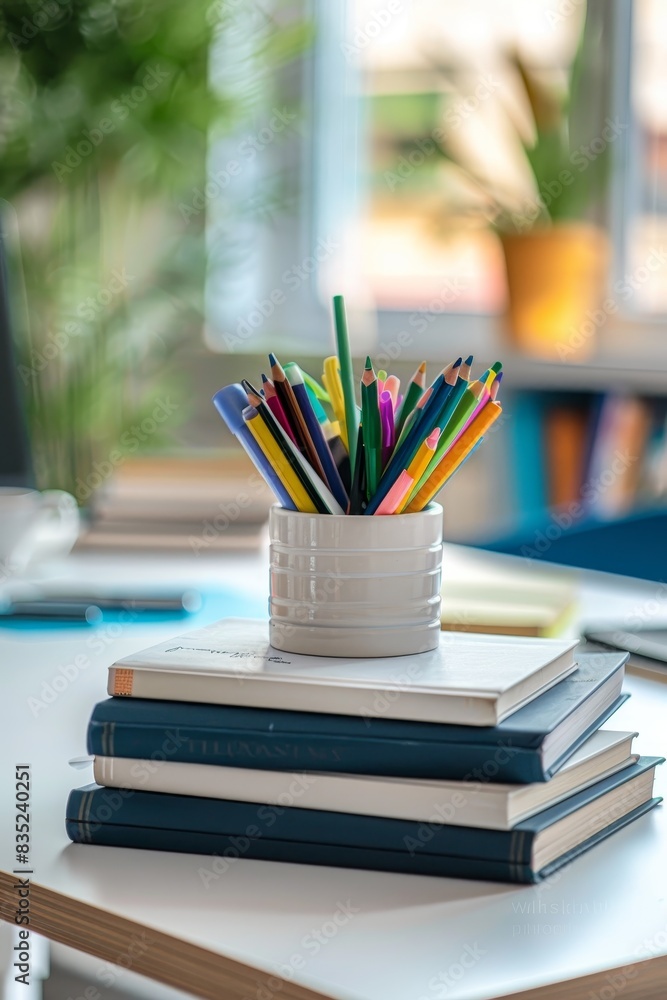 White table with books and stationery in blurred study room White table with books and stationery in blurred study room
