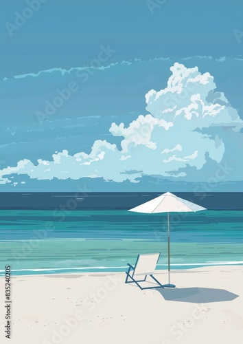 Illustration of a summertime beach showing a chair and a white umbrella by the sea. The clear blue skies and calm waters, along with fluffy clouds, create a picturesque and peaceful beach scene