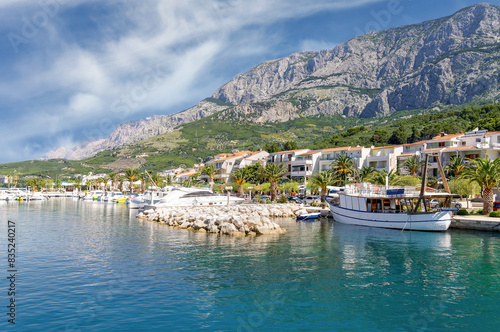Waterfront in Seaside Resort of Tucepi with Biokovo Mountains in Background,adriatic Sea,Makarska Riviera,Dalmatia region,Croatia