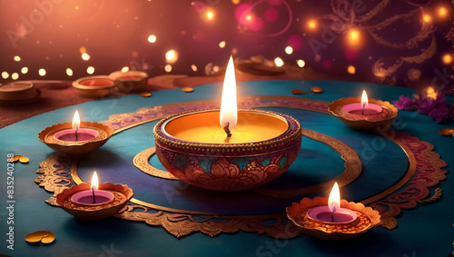 A mesmerizing diwali background design with diya lamp and colorful patterns