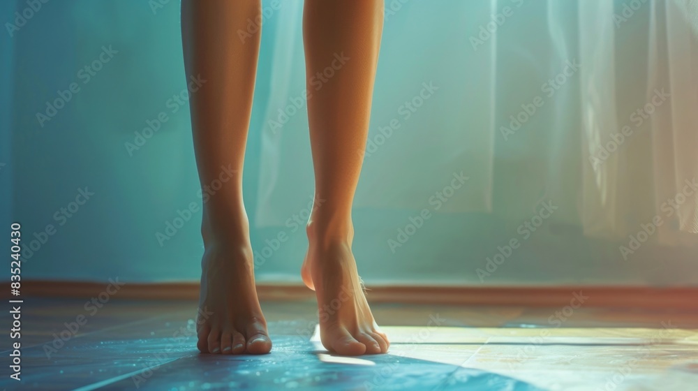 Fototapeta premium A woman's bare legs stand in front of a window, offering a glimpse into the interior