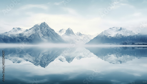 Landscape of winter mountains and lake