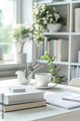  White table with books and stationery in blurred study room 