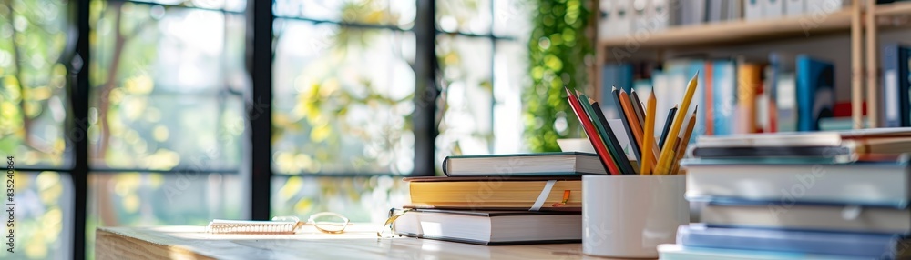 White table with books and stationery in blurred study room White table with books and stationery in blurred study room
