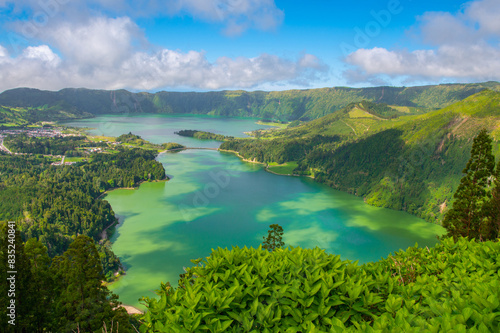 Miradouro da Vista do Rei. View of Lagoa Verde and Lagoa Azul on Sao Miguel island  Azores  Portugal. Turquoise lakes. Seven Cities Lake  Lagoa das Sete Cidades . Volcanic caldera.