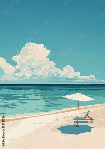 A digital artwork depicting a summertime beach scene with a chair and a white umbrella. The beach has a tranquil sea and sky with clouds, evoking a serene and relaxing vacation mood.