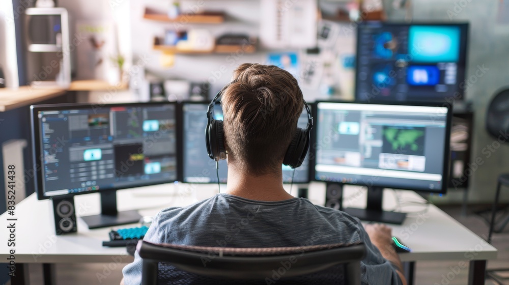A man wearing headphones works on video editing software displayed on multiple monitors in a modern, tech-savvy office setup. A man wearing headphones works on video editing software displayed on multiple monitors in a modern, tech-savvy office setup.