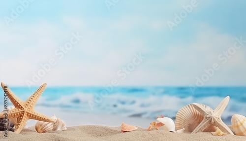 Starfish and seashells on white sand by the sea