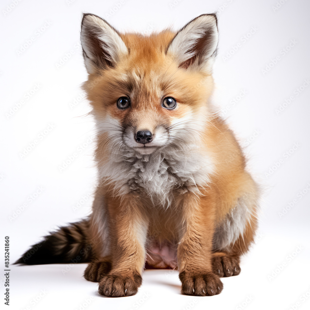 Junger putziger Fuchs, Babyfuchs, freigestellt vor weißem Hintergrund, Generative AI Junger putziger Fuchs, Babyfuchs, freigestellt vor weißem Hintergrund, Generative AI
