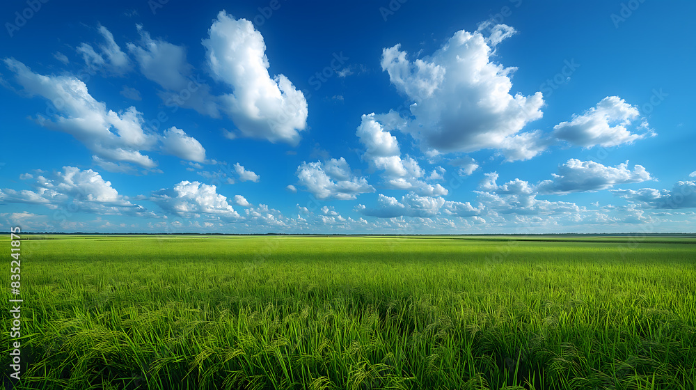 Obraz premium Expansive Green Rice Field Under a Vibrant Sky with Clouds