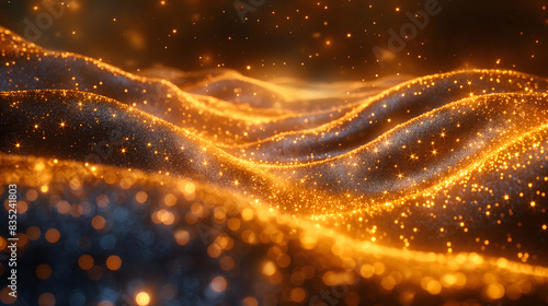 Enchanting Golden Sparkle Waves Background with Glittering Stars © slonme