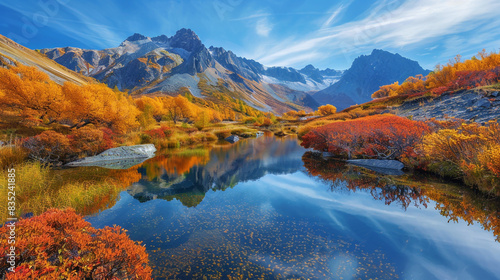 A serene mountain lake surrounded by colorful autumn foliage, with reflections in the still water.