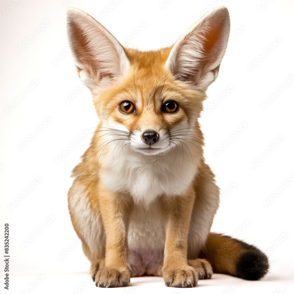 Fennek oder Wüstenfuchs mit großen Ohren, freigestellt vor neutralem Hintergrund, Generative AI Fennek oder Wüstenfuchs mit großen Ohren, freigestellt vor neutralem Hintergrund, Generative AI