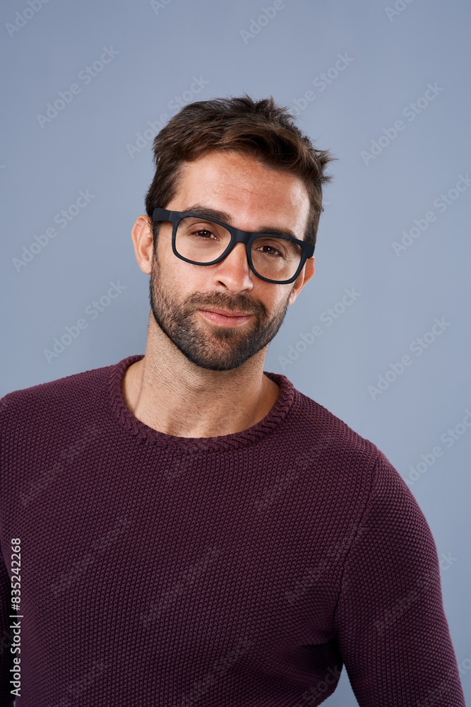 Studio, glasses and man with frame, portrait and wellness with eye care, product and lens for vision. Blue background, face and happiness for person, prescription and eyewear with fashion in USA Studio, glasses and man with frame, portrait and wellness with eye care, product and lens for vision. Blue background, face and happiness for person, prescription and eyewear with fashion in USA