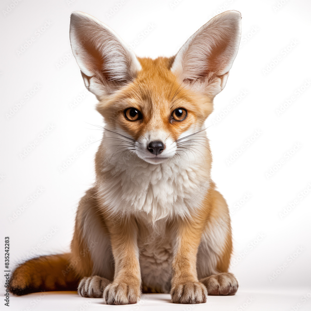 Fennek oder Wüstenfuchs mit großen Ohren, freigestellt vor neutralem Hintergrund, Generative AI Fennek oder Wüstenfuchs mit großen Ohren, freigestellt vor neutralem Hintergrund, Generative AI
