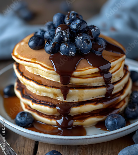 Delicious Blueberry Pancakes with Syrup and Fresh Berries © slonme