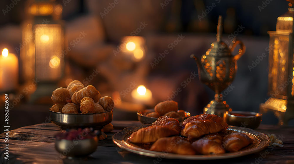 Fototapeta premium Enchanting Ramadan Night with Illuminated Lanterns and Hanging Stars