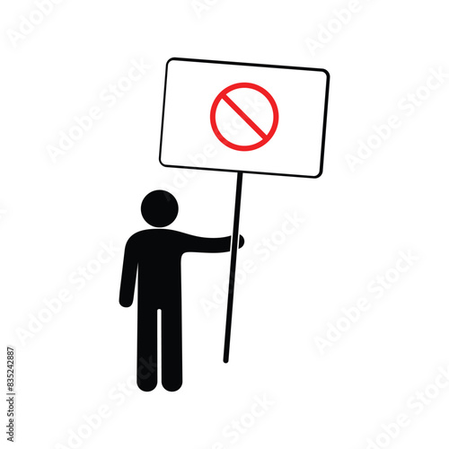 man icon with banner, prohibition sign, isolated human silhouette, stick figure stickman