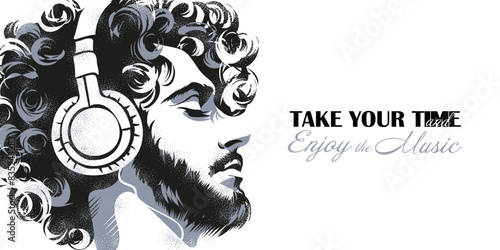 A handsome curly guy with a beard with his eyes closed enjoys music on headphones. Seclusion, escapism, meditation. Vector monochrome poster