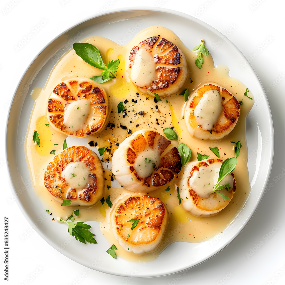 Top view of fried Scallops with sauce isolated on white background Top view of fried Scallops with sauce isolated on white background