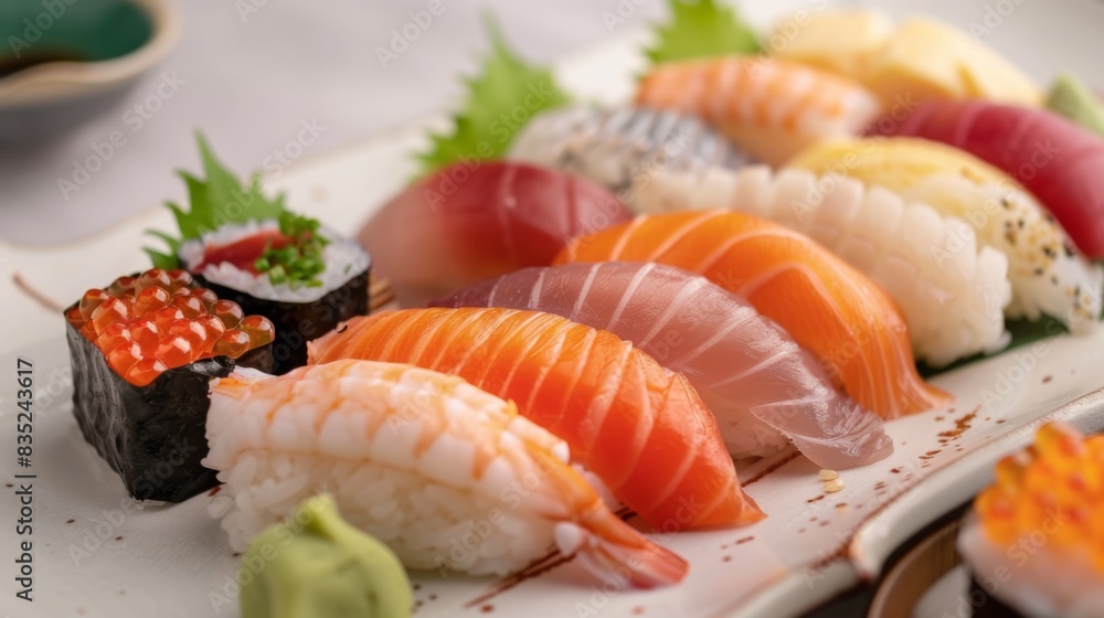 Sushi platter with assorted nigiri and sashimi, garnished with wasabi and ginger Sushi platter with assorted nigiri and sashimi, garnished with wasabi and ginger