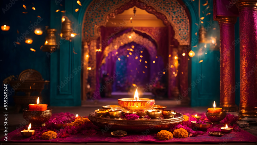 A mesmerizing diwali background design with diya lamp and colorful patterns A mesmerizing diwali background design with diya lamp and colorful patterns