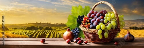 landscape in the mountains  A beautiful basket inside Grapes  dates  olives  beautiful pomegranates  figs  wheat and barley